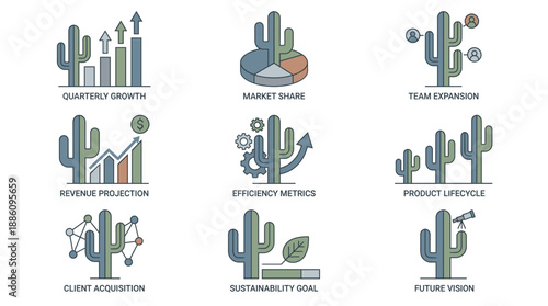 Business growth saguaro cactus vector infographic concepts. Financial charts, market share, and strategy symbols using desert plant metaphors for corporate resilience and success.