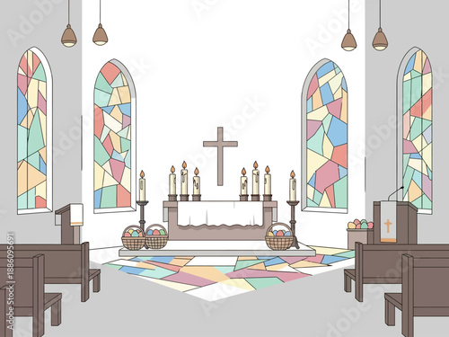 Interior of a Christian church with stained glass windows and altar.