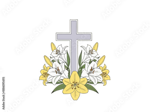 Christian Cross with Lilies Religious Symbolism and Easter Celebration.