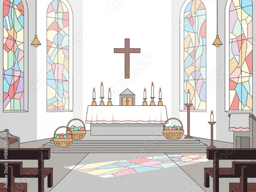 Christian Church Altar with Stained Glass Windows and Baskets.