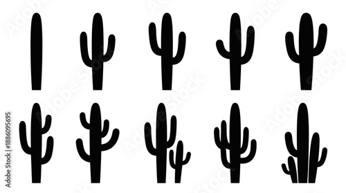 Set of black saguaro cactus vector silhouettes isolated on white background. Collection of desert plant icons perfect for wild west landscape design, logo, or mexican decoration.