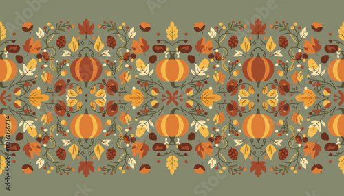 Seamless repeating fall border with pumpkins leaves and berries on a green background Harvest pattern