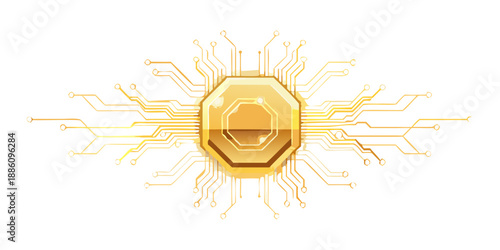 A premium gold and amber glowing circuit board design. A central hexagonal core with golden light radiating outwards. Metallic textures, elegant tech style, high-end digital background.