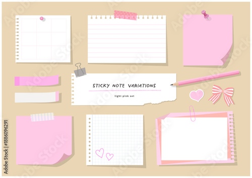 かわいいピンクの付箋・メモ文房具デザインパーツセット