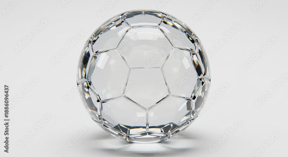 Naklejka premium 明るい光が多面体に反射しキラキラと輝く透明なクリスタルのサッカーボールオブジェ 白い背景に浮かぶ洗練された美しい造形と光の戯れ. AI Generated