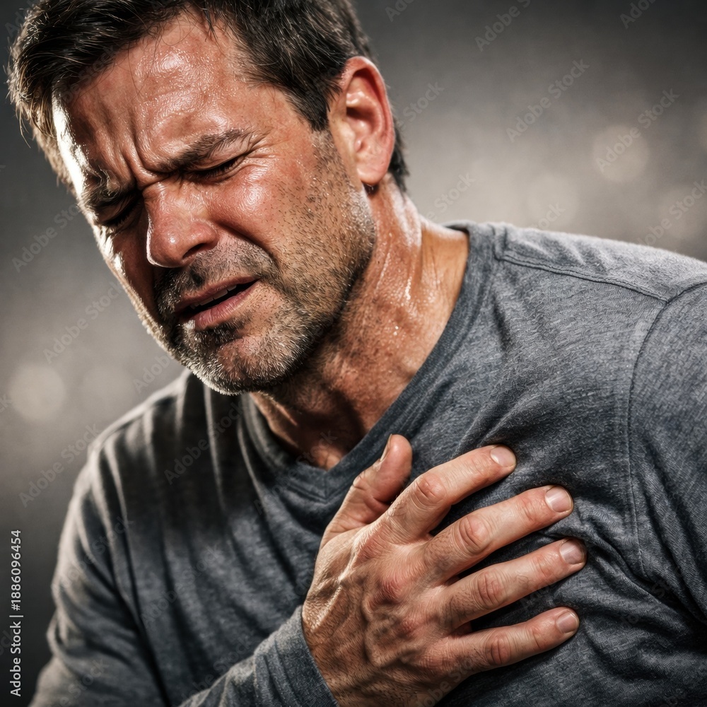 Fototapeta premium Man clutching chest in pain, heart attack or chest pain symptom, sweat