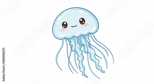 可愛い水色のクラゲが白い背景にふわりと浮かぶイラスト輝く瞳が愛らしい海の生き物. AI Generated