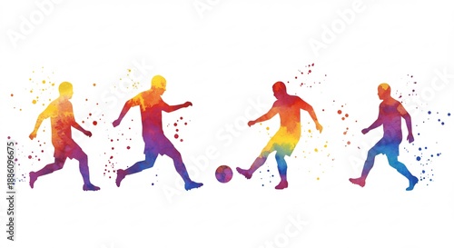 水彩画のカラフルなサッカー選手達がフィールドでボールを追いかけ躍動する瞬間鮮やかな色彩と飛沫が表現するスポーツのエネルギー. AI Generated
