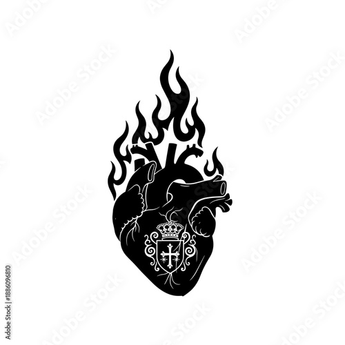 Black Sacred Heart Illustration with Flames.