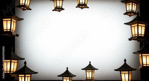 Wallpaper Mural 柔らかな温かい光を放つ日本の伝統的なランタンが数多く並び白く輝く広い中央空間を美しく縁取る静かで幻想的な光のフレーム. AI Generated Torontodigital.ca