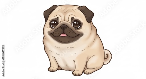 柔らかな色合いで描かれた愛らしい漫画風パグ犬のイラストレーション大きな瞳と優しい笑顔が特徴の可愛いペット. AI Generated