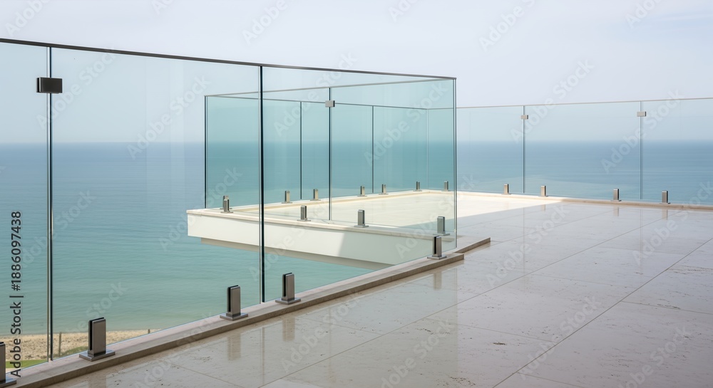 Fototapeta premium Modern luxury terrace with frameless glass railing and stone tile flooring overlooking a calm turquoise ocean under a clear sky.