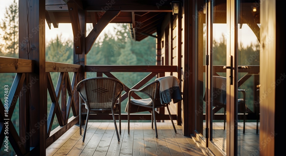 Fototapeta premium Cozy wooden balcony of a forest cabin with wicker chairs and a warm blanket during a peaceful golden hour sunset.