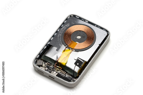 interior parts of a wireless charging powerbank, showing it's wireless charging module. isolated on white background.