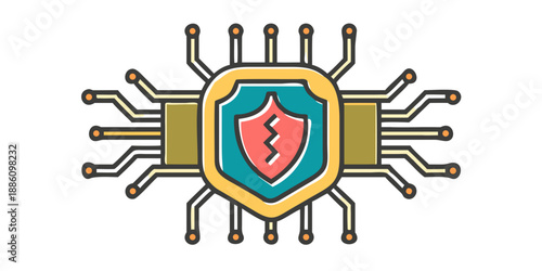 Intense red neon circuit board background symbolizing cyber security and firewall. Central shield-shaped core with glowing red data paths. Dark, dramatic atmosphere, high contrast.