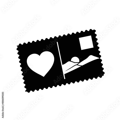 Black Stamp with Heart and Hospital Bed.