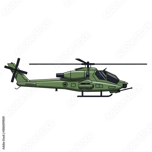 Green military attack helicopter isolated on white background