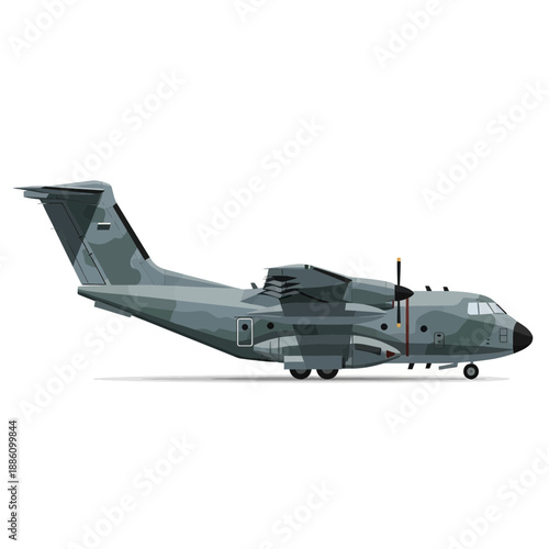 Military Cargo Aircraft with Camouflage Livery Isolated on White