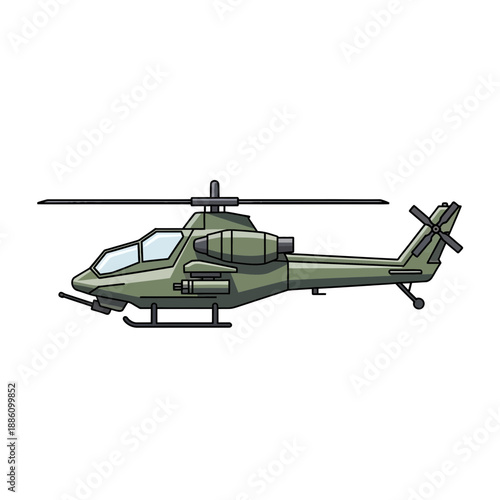 Military attack helicopter, AH-1 Cobra style, green color, isolated on white background