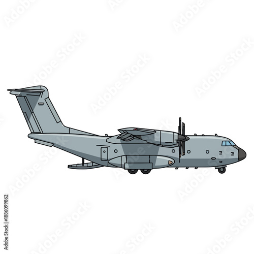 Military transport aircraft, side view, gray camouflage, isolated on white background.