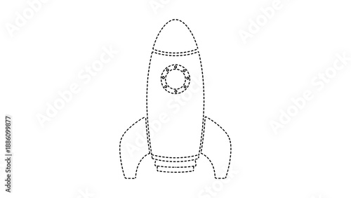 Dotted illustration of a rocket ship with a clock on its side