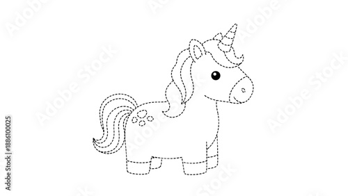 A cute little unicorn with a flower on its side and a sparkly mane and tail standing alone