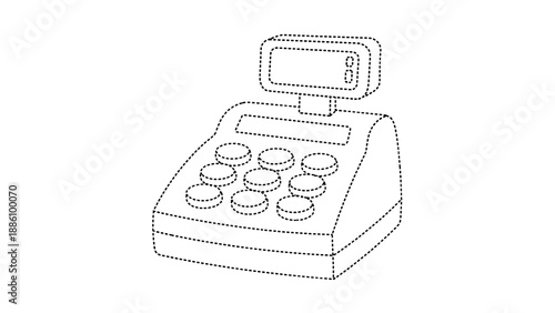 A black and white line drawing of a cash register