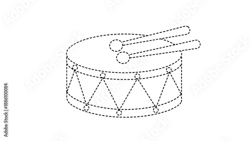 A black line drawing of a snare drum with drumsticks on top