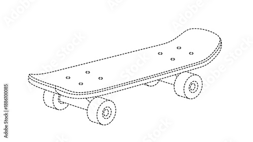 A detailed line drawing of a skateboard with wheels and trucks