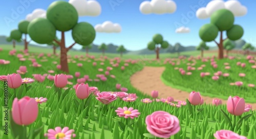 Enchanting Cartoon Landscape with Pink Flowers and Green Trees.