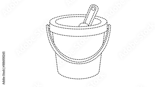 A black and white line drawing of a bucket with a handle and a trowel inside it