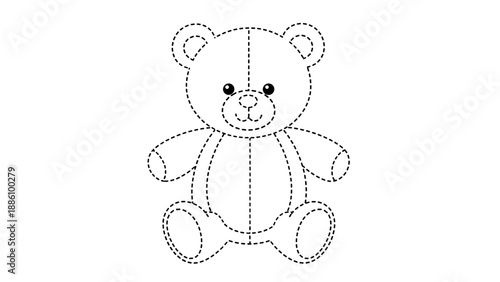 A black and white dotted line drawing of a cute teddy bear