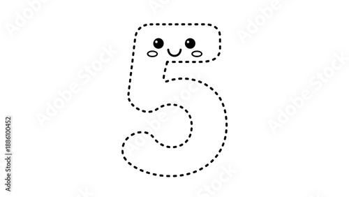Cute cartoon number five with smiling face and dotted outline