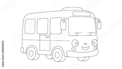 A smiling cartoon bus with a happy face on the front is depicted