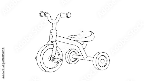 A black and white line drawing of a childs tricycle with three wheels and a seat
