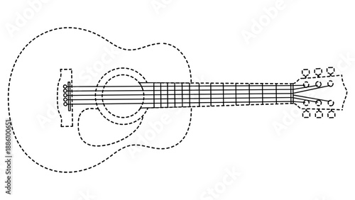 A black and white line drawing of an acoustic guitar