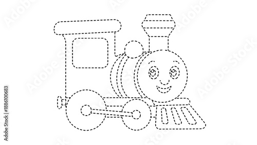A smiling cartoon train engine with a happy face and wheels