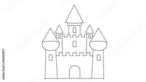 A black and white line drawing of a sand castle