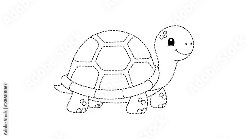 A cute turtle with a smiley face and dotted lines