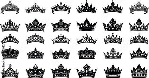 Large Set of Black Crown Silhouettes Tiara and Diadem Icons Isolated on White Background for Royal Luxury Design Projects