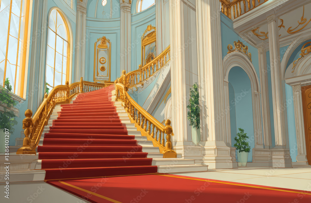 Obraz premium Elegant grand staircase inside a luxurious palace with ornate gold accents, tall arched windows, and a plush red carpet, showcasing opulent interior design