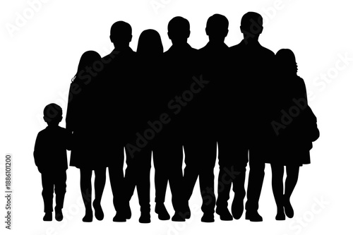 Large family silhouette standing together, representing generations and family values in a unified pose