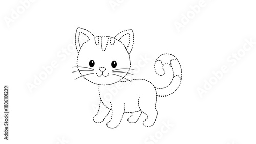 Cute cartoon cat standing and looking with tail curled up in a playful pose