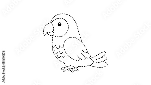Dotted line drawing of a parrot on in profile view