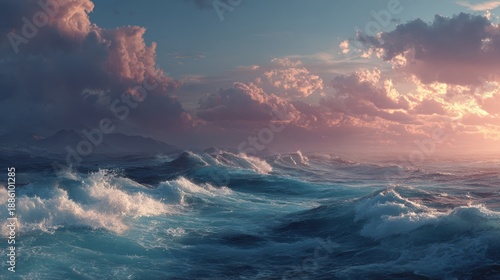Dramatic Ocean Waves Under Colorful Sky at Dusk