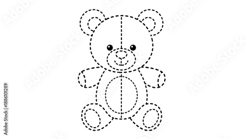 A black and white line drawing of a cute teddy bear
