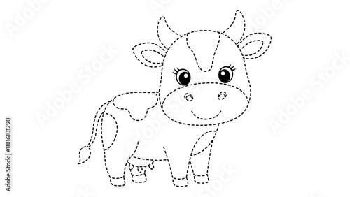 A cute cartoon cow with a happy face and dotted lines for coloring