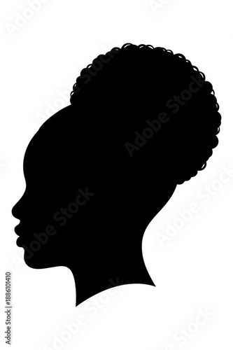 Profile silhouette of african woman with natural afro hair bun isolated on white background