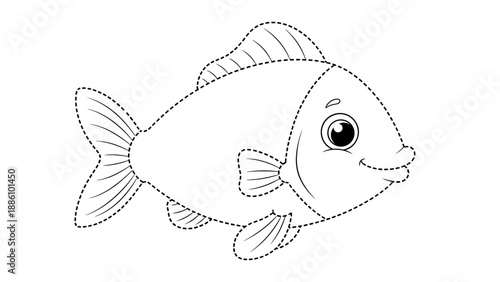 A cute cartoon fish with big eye and fins swimming to the right side