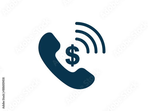 Dark blue phone with dollar sign and signal waves on white background icon graphic symbol